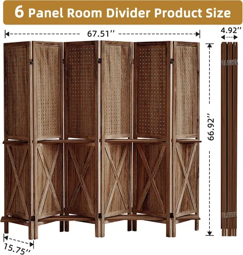Vista 9 de Divisor de habitación de 6 paneles con estantes, pantalla de tablero de clavijas de 5.6 pies con 24 ganchos, divisor de habitación de madera sólida