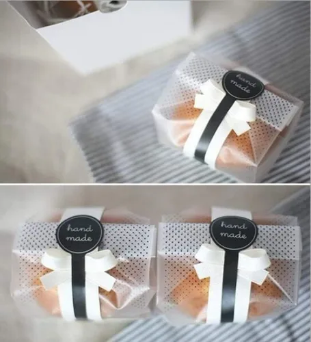 Vista 6 de (200 unidades) 100 bolsas de plástico translúcidas/bolsas de panadería con 100 calcomanías hechas a mano para galletas, pasteles, chocolate, dulces