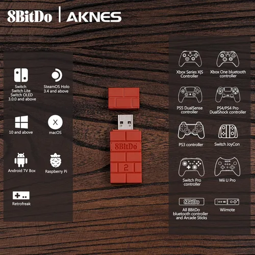 Vista 2 de AKNES 8BitDo Adaptador de controlador inalámbrico USB 2 convertidor Dongle para interruptorinterruptor OLED, Windows, Raspberry Pi, para controlador