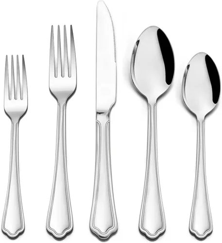 HaWare Juego de cubiertos de 60 piezas para 12, cubiertos de acero inoxidable, diseño moderno con bordes de corona para el hogar, cocina, hotel, con