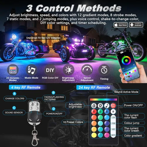 Vista 2 de Kit de 20 luces LED RGB para motocicleta con señal de giro de freno de doble zona, luces subterráneas con control remoto APP/RF, acento neón