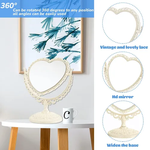 Vista 4 de Jetec Espejo en forma de corazón, maquillaje de escritorio, retro, rotación de 360 grados, cosmético de pie para decoración de tocador, espejo Beige