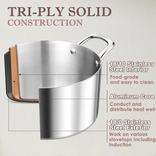 Vista 3 de Herogo Olla de 5 cuartos de galón, olla de cocina de tres capas con tapa, olla de pasta de acero inoxidable 1810 con asas, olla de 5 cuartos