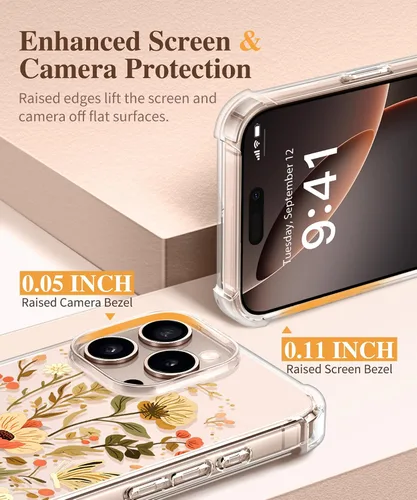 Vista 530 de GVIEWIN - Funda para iPhone 14 Floral, con protector de pantalla + protector de lente de cámara, [sin amarillamiento] funda protectora transparente