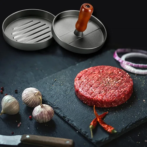 Vista 7 de PIQUEBAR Prensa para Hamburguesas Moldeadora de Empanadas - Molde de prensa de hamburguesas de acero inoxidable, mango de madera, antiadherente