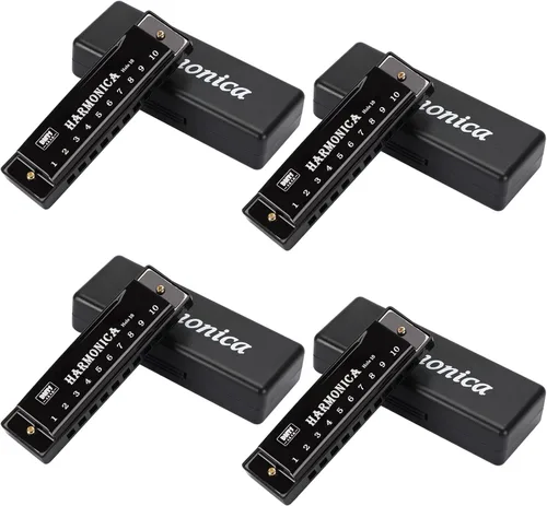 UPINS Armónica, 4 piezas, armónica de 10 agujeros y 10 tonos en clave de Do, color titanio, con estuche para principiantes (negro)