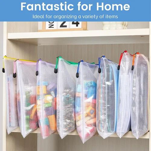 Vista 6 de Sooez 24 Pack Super Large Mesh Zipper Pouch Bags, A3 (16.5×11.7 in) Storage Bags with Label Pocket, Reusable Zipper Pouches for Classroom