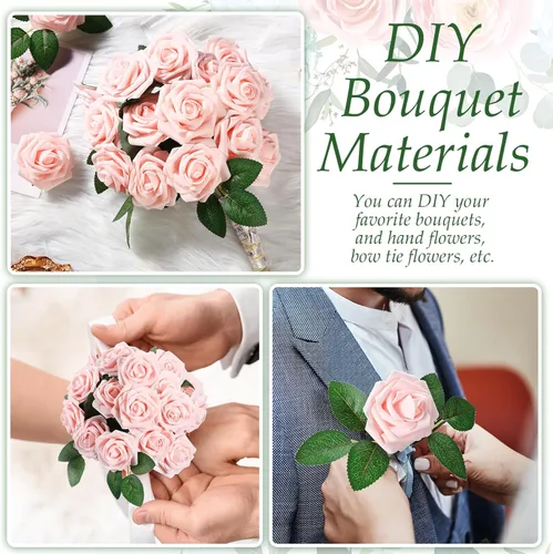 Vista 3 de Zeyune 200 rosas artificiales de espuma, flores falsas a granel con 100 tallos para bricolaje, ramos de boda, centros de mesa, arreglos florales