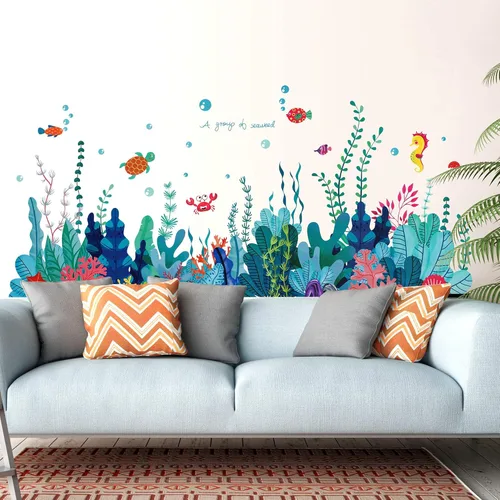 Calcomanía de pared extraíble 3D bajo el mar con vista al mar, calcomanías murales de algas marinas de coral océano, decoración del hogar para