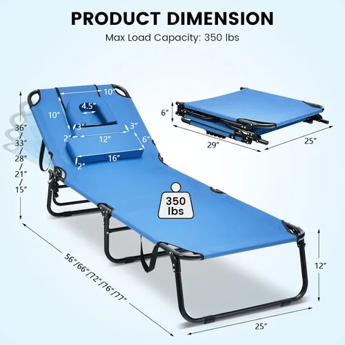 Vista 3 de GYMAX Silla bronceadora, silla de playa de 350 libras con orificio facial, almohada lavable desmontable y correa de transporte, tumbona plegable