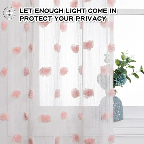 Vista 3 de MYSKY HOME Cortinas rosas de 84 pulgadas de largo para dormitorio, paneles de ventana con pompones, cortinas traslúcidas blancas de 84 pulgadas