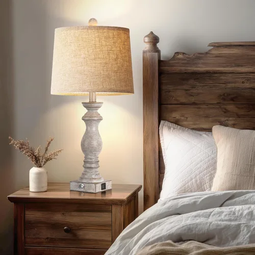 Vista 7 de Juego de 2 lámparas de mesa de 24.5 pulgadas, lámparas de noche rústicas de granja con puertos de carga USB A+C, lámparas de mesa de noche