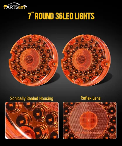 Vista 2 de Partsam 2 luces traseras redondas de tránsito de 7 pulgadas, color ámbar, 36 LED, luz LED ámbar de 7 pulgadas, señal de giro LED redonda y luz