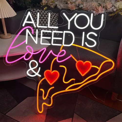Letrero de neón con texto en inglés «All You Need Is Love &Pizza», decoración de pared para el hogar, letreros de luz LED de neón, grandes, para