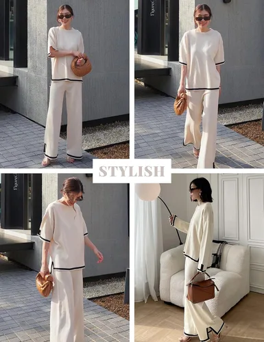 Vista 2 de Faleave Conjunto de suéter de punto de 2 piezas para mujer, manga corta, sin botones, cintura elástica, pantalones de pierna ancha, conjunto