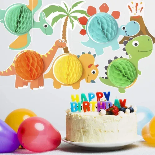 Vista 5 de Decoraciones de dinosaurios para fiesta de cumpleaños, 102 unidades, incluye globos, calcomanías, vórtice, pancarta, decoración de cupcakes
