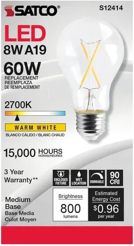 Vista 4 de Satco Bombilla LED A19 de 8 W, base media transparente, 2700 K, blanco cálido, 90 CRI, 120 voltios, 800 lúmenes, regulable, 15000 horas, paquete de 6