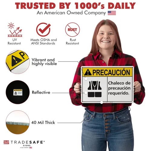 Vista 2 de TRADESAFE Señal de seguridad con chaleco de seguridad de EPI – Chaleco de Precaución Requerido en español, señal de seguridad de aluminio