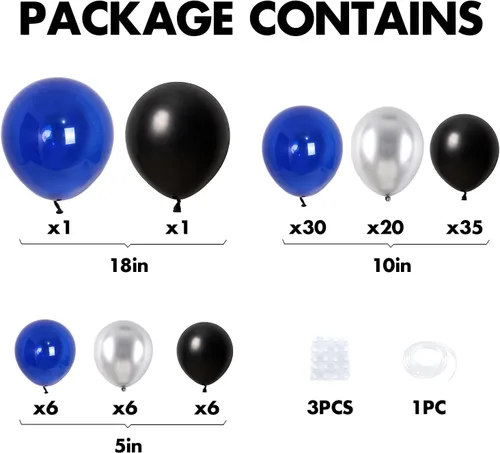 Vista 3 de Kit de arco de globos azules, 105 globos de cumpleaños de 5, 10, 18 pulgadas, kit de guirnalda azul negro con globos plateados metálicos, arco