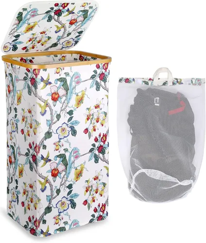 Vista 39 de efluky Cesta de lavandería delgada con tapa, cesta estrecha para la ropa sucia con bolsa extraíble, cesta de ropa sucia delgada con asas de bambú