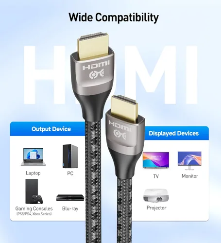 Vista 6 de Cable Matters Cable HDMI trenzado prémium de 48 Gbps Ultra HD 8K de 3.3 pies / 3.3 ft con 8K @60Hz, 4K @240Hz y soporte HDR para PS5, Xbox Series