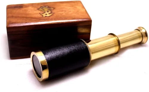 Vista 2 de Explore, Handheld Brass Pirate Navigation Telescopio con caja de madera, 6", Brass