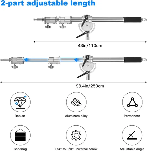 Vista 3 de Brazo de extensión resistente para soporte en C de fotografía y soporte de luz, brazo de sujeción ajustable de 1.1-2.5 metros con barra transversal
