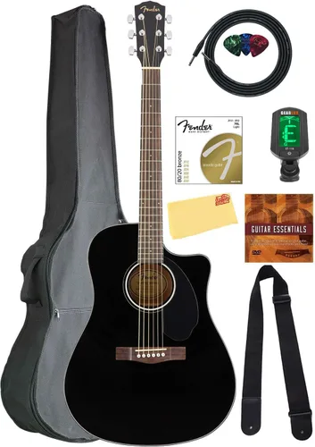 Fender CD-60SCE - Guitarra electroacústica Dreadnought de tapa sólida - Paquete negro con funda, cable, afinador, correa, cuerdas, púas, DVD