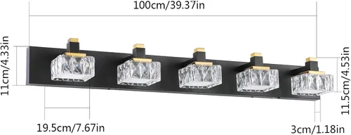 Vista 6 de SineRise Luces de tocador de baño sobre espejo, 5 luces regulables 5CCT, luces LED de tocador de cristal negro y dorado, aplique de pared