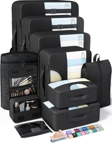 Veken Juego de 10 cubos de embalaje para viajes esenciales, bolsas organizadoras de maleta en 4 tamaños, accesorios de equipaje de mano con gran