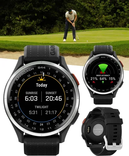 Vista 5 de Garmin Approach S44 GPS Reloj inteligente de golf con bisel de aluminio plateado y banda de silicona negra con paquete de batería portátil Wearable4U