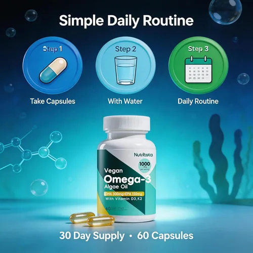 Vista 7 de Suplemento de aceite de algas omega-3 vegano con DHA 300 mg y EPA 150 mg, Omega-3 a base de plantas con vitamina D3 y K2, cápsulas blandas de aceite