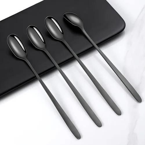 Vista 6 de Cucharas de té helado de mango largo, cuchara negra mate de 9.1 pulgadas, cuchara de café de acero inoxidable, cucharas de postre, cucharaditas