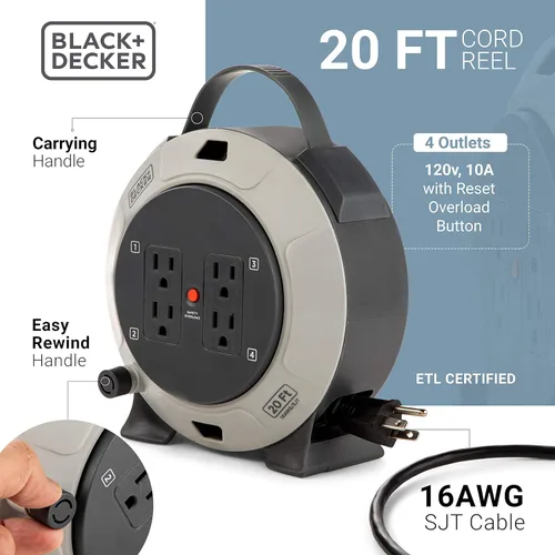 Vista 3 de BLACK+DECKER Carrete de Cable de Extensión Retráctil de 20 Pies con 4 Tomas, Extensión Multi-Enchufe, Botón de Reinicio del Disyuntor Térmico