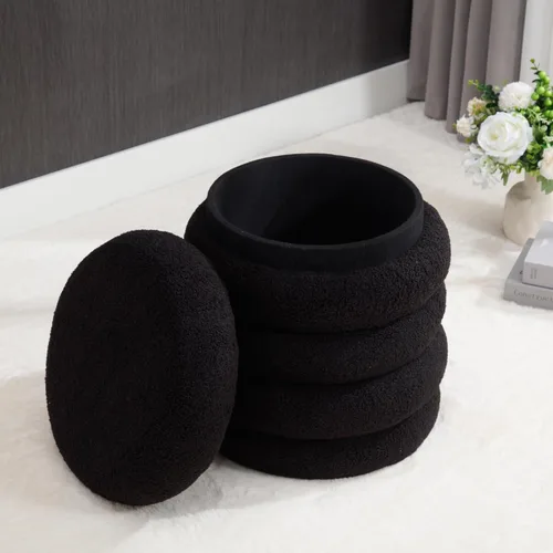 Vista 10 de Taburete otomano tapizado de sherpa redondo blanco con reposapiés pequeño Boucle para dormitorio, sala de estar, entrada, dormitorio