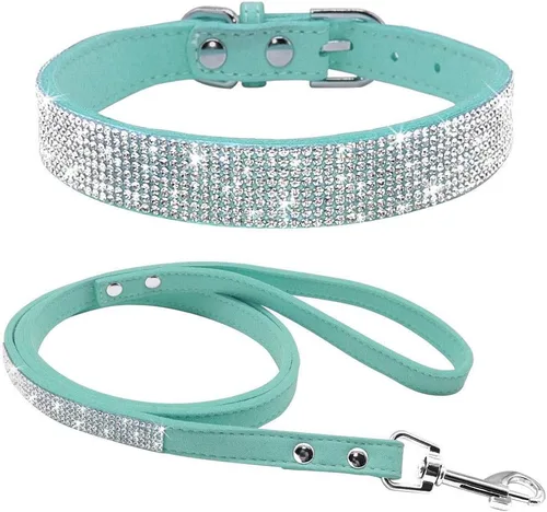 Vista 18 de Conjunto de collar y correa para perro y gato, material de piel de ante suave, deslumbrante y elegante con diamantes de imitación de cristal, collar