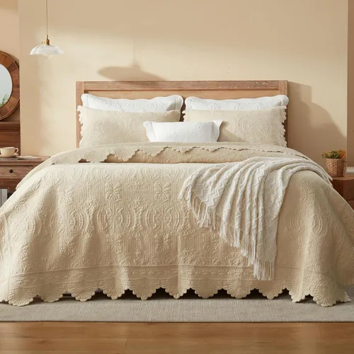 Vista 10 de MarCielo Juego de ropa de cama de 3 piezas, 100 % algodón, juego de colcha de gran tamaño, ligero y bordado, estilo rústico, T0