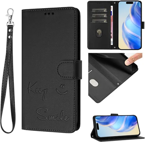 Flip Wallet Case for Motorola Moto E32 4G (Int'l), Keep Smile Embossed Leather Cover with Card Slots, RFID Blocking, Kickstand, Wrist Strap Black.