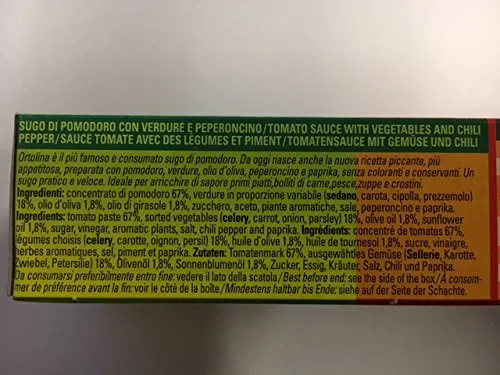 Vista 3 de Ortolina, souce italiano de tomate con verduras. 10 tubos 4.6 oz (130 gr)