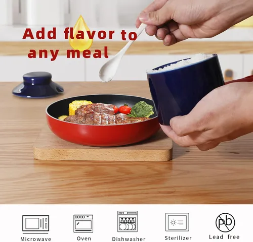 Vista 6 de ONTUBE Azucarero de cerámica con tapa y cuchara, cuenco de sal, caja de condimentos de porcelana, 8 onzas (azul marino)