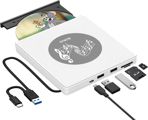 BUNUD Unidad de DVD externa USB-C: Grabador de DVD externo USB 3.0 Unidad de CD portátil +/-RW con 2 ranuras USB y TF/SD - Grabador/reproductor de