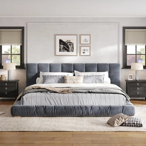 Vista 16 de Base de cama tapizada de terciopelo con cabecera capitoné de canal, cama de perfil bajo tamaño Queen con soporte de listones resistente, no necesita