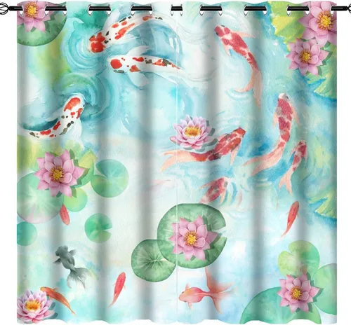 Vista 39 de Cortinas retro de pez japonés para dormitorio, estilo rústico, asiático, japonés, flor de cerezo, aislamiento térmico, oscurecimiento