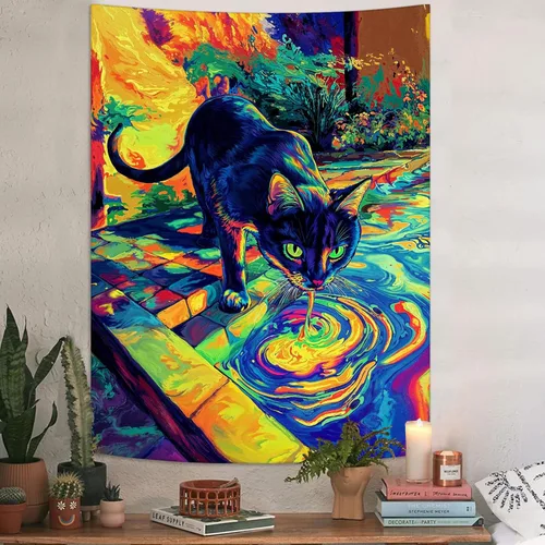 Spenlife Blacklight - Fantástico tapiz de gato negro, tapiz de pared de gato reactivo que brilla con rayos UV para decoración de habitación, tapiz