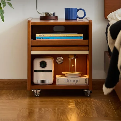 Solid Wood Mobile Side Table with Wheels,Rolling Side Table with Storage,Unique Floating Design Storage Organizer for Bedroom, Living Room, Small