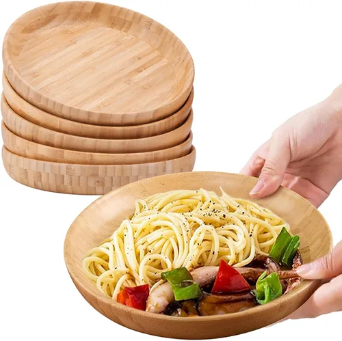 Vista 8 de Platos de bambú redondos de 7.5 pulgadas, platos de bambú reutilizables, juego de 3 platos de madera, platos ligeros, aperitivos, postres, plato