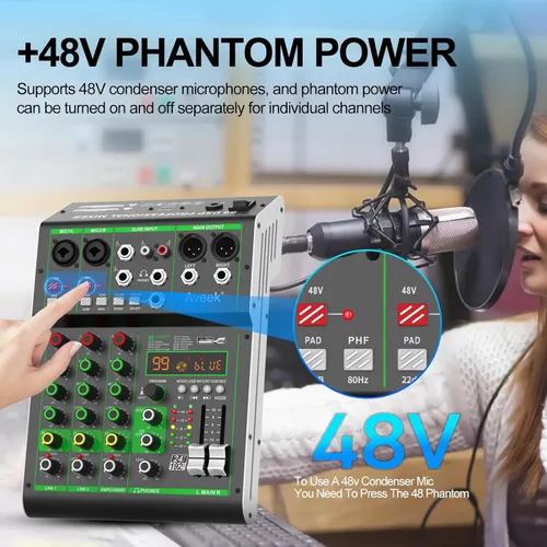 Vista 7 de Mezclador de audio Aveek, mezclador de 4 canales con Bluetooth y grabación USB DJ Mixing Console with 99 DSP Effects, 48V Phantom Power, PC