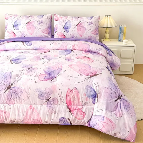 Vista 4 de MWMWMW Juego de edredón de mariposas para niñas, juego de ropa de cama estampado de mariposas rosa y morado, juego de ropa de cama de mariposas de 5