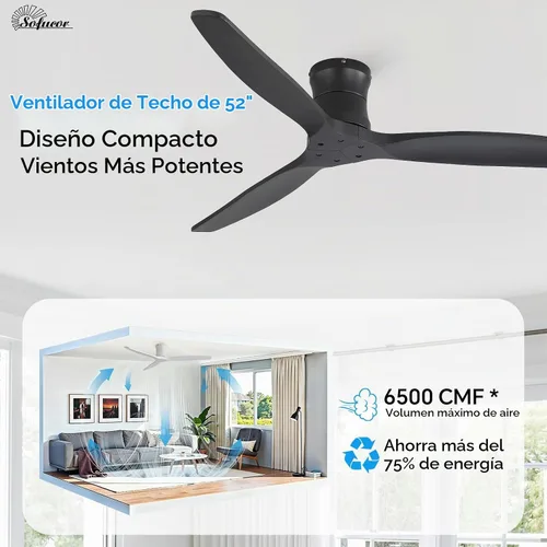 Vista 6 de Sofucor Ventilador de techo inteligente de 52 pulgadas con control remoto Negro