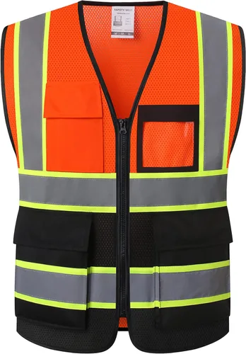 Vista 5 de Chaleco de seguridad para mujer, chaleco de alta visibilidad con 8 bolsillos y cremallera frontal, chaleco reflectante de malla que cumple